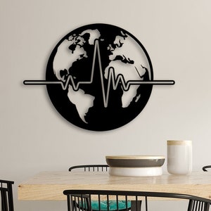 Art mural en métal, carte du monde, battements de coeur - Décoration murale moderne en forme de globe noir pour les voyageurs, les médecins ou les bureaux - Idée cadeau unique pour l'envie de voyager
