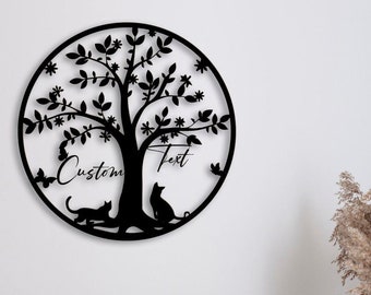 Cat Lover Gift Metal Wall Art , Personalized Cat Owner Housewarming Gift, Custom Family Name and Cat Name wity Tree of Life Metal Wall Decor