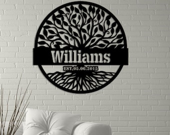 Personalized Family Name Metal Sign – Tree of Life Monogram, Custom Last Name with Established Date, Modern Round Wall Art for Home & Gifts