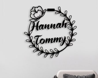 Personalized Wedding Gift for Couple, Metal Floral Sign with Name and Date, Wedding Sign, Engagement Announcement Sign, Anniversary Gift