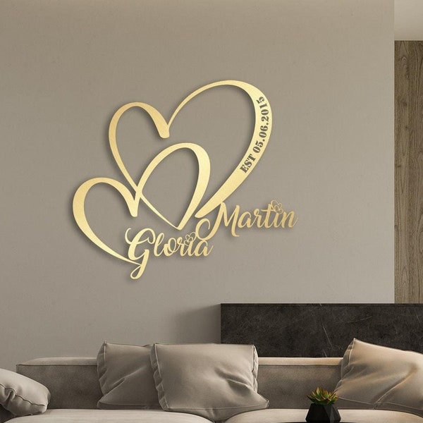 Benutzerdefinierte Metallwandkunst, personalisiertes Hochzeitsgeschenk für Paare, Metallherz mit Namen und Datum, Verlobungsanzeige, Jahrestagsgeschenk