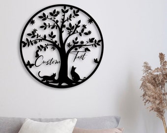 Custom Cat Tree Metal Wall Art Sign – Personalized Round Pet Name Plaque, Black Silhouette Cats Home Wall Decor