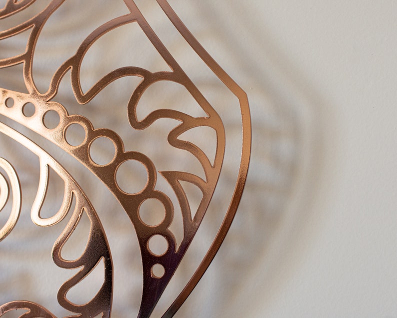 May include: A copper-colored metal cutout with a decorative, intricate design. The cutout features a repeating pattern of circles, swirls, and leaves.