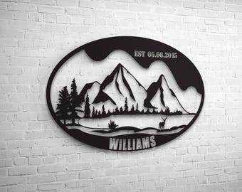 Custom Metal Mountain and Forest Silhouette Wall Art, Metal Family Name Sign, Deer, and Lake Metal Farm House Decor, Home Gift For Couples