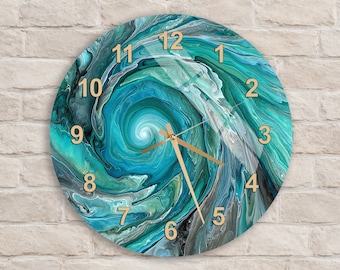 Abstract Fluid Art Tempered Glass Wall Clock, Teal Blue Green Swirl Design Modern Decor Accent, Faux Gold Numbers, Thanksgiving Gift