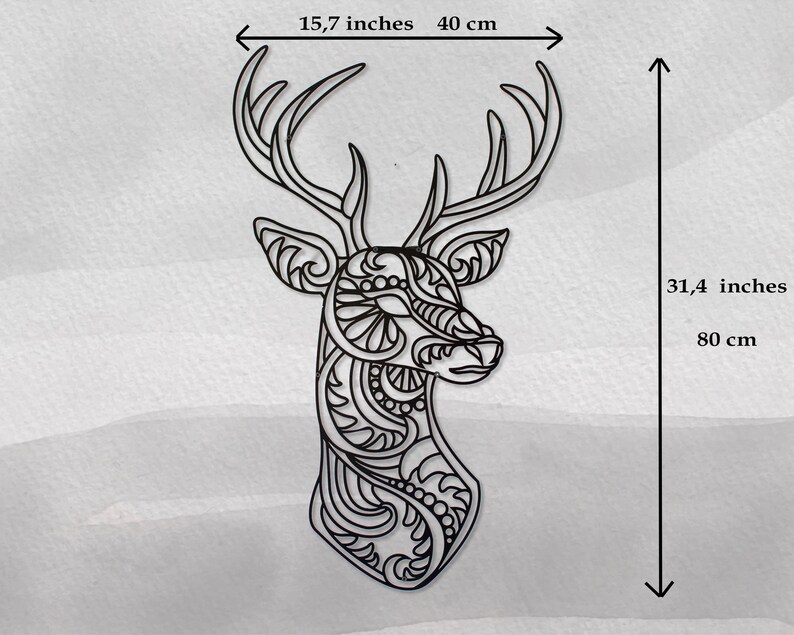 May include: Black and white line art wall decor of a deer head with intricate patterns. The deer head measures 15.7 inches wide and 31.4 inches tall.