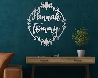 Custom Metal Wall Art – Personalized Floral Name Sign with Script Font – Modern Silver Decorative Wall Décor, Gift For Couples For Wedding