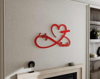 Red Metal Heart and Infinity Custom Names and Date Sign, Custom Metal Wall Art Decor, Wedding Decoration, Home Gifts for Couple, Love Gift