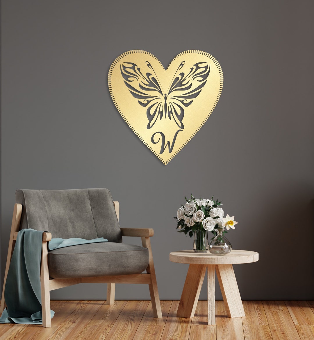 Personalized Heart Butterfly Metal Wall Art – Custom Gold Initial Wall ...