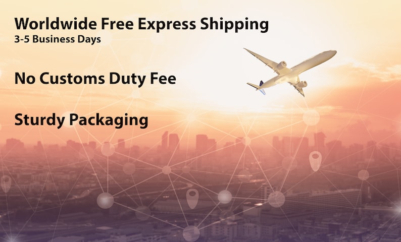 May include: An airplane flies across a sunset sky over a city skyline. The image includes the text "Worldwide Free Express Shipping", "No Customs Duty Fee", and "Sturdy Packaging". A network of connected dots and lines is overlaid on the image.