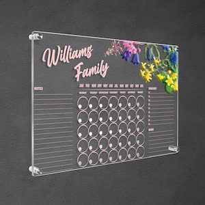 Pink Acrylic Wall Calendar, Personalized Floral Family Wall Planner, Dry Erase Board, School, Monthly and Weekly Calendar, Command Center