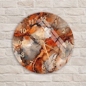 Abstract Orange Gold Marble Design Tempered Glass Round Wall Clock, Modern Agate Wall Art Decor, Housewarming Gift for New Home
