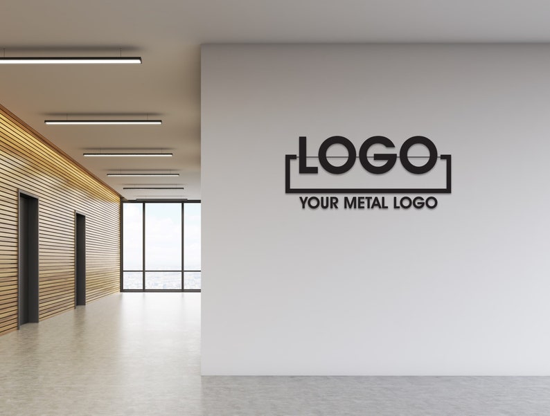 May include: A white wall with a black metal logo that says "LOGO" with the text "YOUR METAL LOGO" underneath.