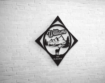 Custom Metal Mountain and Forest Silhouette Wall Art, Metal Family Name Sign, Deer, and Lake Metal Farm House Decor, Home Gift For Couples