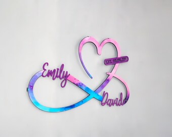 Metal Heart and Infinity Unique Design Pink and Blue, Customized Names and Date Sign Custom Metal Wall Art, Home Decoration, Gifts for Her