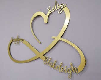 Gold Heart and Infinity, Shiny Metal Customized Names and Date Sign , Custom Large Metal Wall Art, New Home Decoration, Wedding