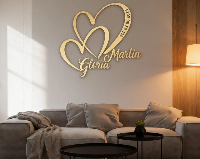 Featured listing image: Custom Metal Wall Art, Personalized Wedding Gift for Couple, Metal Heart with Name and Date,  Engagement Announcement Sign, Anniversary Gift
