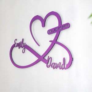 Purple Metal Heart and Infinity Unique Design , Customized Names and Date Sign Custom Large Metal Wall Art, Home Decoration, Gifts for Her