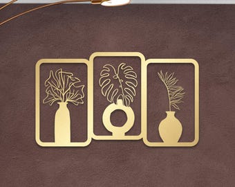 Gold Metal Wall Art - Minimal Vase Plant Decor Set, Modern Botanical Wall Hanging, Abstract Floral Art Panel, Living Room Entryway Gift