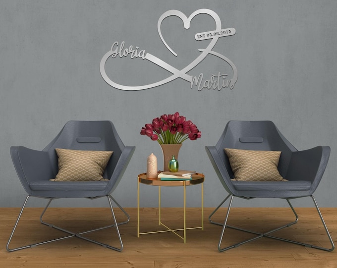 Featured listing image: Custom Infinity Heart Metal Sign – Personalized Couple Names & Date Metal Wall Art Wedding, Anniversary, Newlywed Gift – Romantic Wall Decor