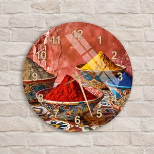 Lebendige Küchenuhr mit Gewürzmarkt-Motiv, Wanduhr aus gehärtetem Glas für globale Wohnkultur, mit künstlicher Textur