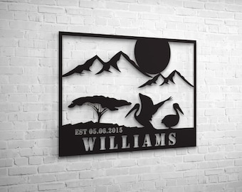 Custom Family Name Personalized Metal Wall Art, Mountain Pelican Silhouette with Tree, Farmhouse Nature Decor Unique Home Gift for Couples