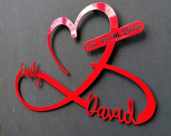 Personalized Infinity Heart Metal Wall Art – Custom Names & Date Sign – Anniversary, Wedding, Engagement Gift – Modern Romantic Decor