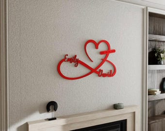 Red Heart and Infinity Metal Wall Art Decor Custom Names and Date Sign Metal Wall Hanging, Gift For Lovers, Wedding Home Gift For Couples