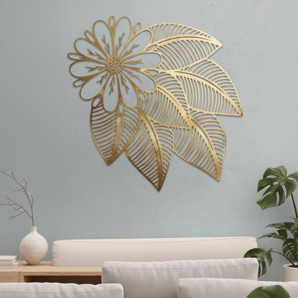 Shiny Gold Floral Leaf Pattern Metal Wall Art – Modern Botanical Flower Wall Decor for Bedroom, Living Room or Office – Nature Gift Idea