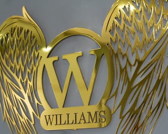 Metal Angel Wings Name Sign, Large Metal Wall Art,  Shiny Gold Customized Home Decoration, Personalized Wedding Gift, New Home
