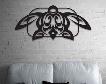 Tribal Turtle Metal Wall Art – Modern Black Sea Turtle Decor, Polynesian-Inspired, Ocean Animal Sculpture, Coastal Living Room Accent
