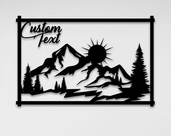 Custom Mountain Metal Wall Art – Personalized Nature Landscape Sign – Forest Pine Trees & Sunrise Scene – Rustic Cabin or Lodge Decor