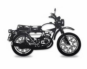 May include: Black metal motorcycle silhouette with detailed features, including wheels, handlebars, and a seat. The motorcycle is depicted in a side profile, showcasing its classic design. The artwork is set against a white background.