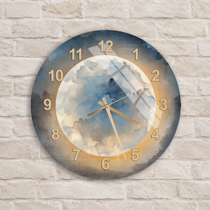 May include: A round wall clock featuring a central circular design of blue and white clouds surrounded by a dark blue border. The clock face displays gold-colored Arabic numerals from 1 to 12 and three thin gold-colored hands indicating the time.