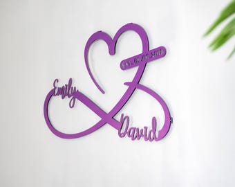 Purple Metal Heart and Infinity Unique Design , Customized Names and Date Sign Custom Large Metal Wall Art, Home Decoration, Gifts for Her