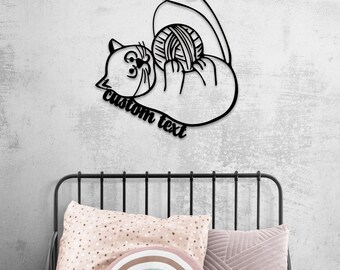 Custom Cat Wall Art with Yarn Ball – Personalized Pet Name Sign for Cat Lovers, Kids Room, Nursery, or Gift – Cute Modern Cat Decor