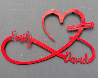 Metal Wall Art Red Personalized Heart and Infinity, Wedding Gift For Couples, Custom Anniversary Gift For Family, Engagement Gift For Her