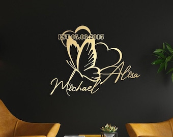 Gold Metal Customized Names and Date Sign , Heart and Butterfly, Custom Large Metal Wall Art, Home Decoration, New Home , Contemporary Art