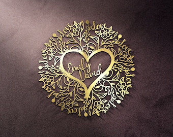 Personalized MetalWedding Gift for Couple, Floral Heart with Name Date, Gold Engagement Announcement, Wedding Date Sign, Anniversary Gift