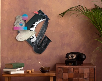 Retro Modern Metal Jazz Wall Art – Abstract Saxophone & Piano Sculpture, Artistic Music Decor, Unique Gift for Living Room or Studio