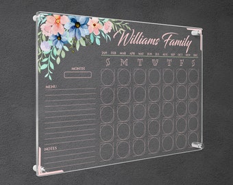 Pink Acrylic Wall Calendar, Personalized Floral Family Wall Planner, Dry Erase Board, School, Monthly and Weekly Calendar, Command Center,