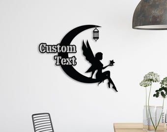 Custom Name Fairy Metal Wall Art – Moon and Star Silhouette with Lantern – Personalized Gift for Girls Room, Nursery or Fairy Tale Decor