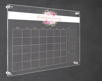 Pink Flower Acrylic Wall Calendar, Floral Family Wall Planner, Dry Erase Board, School Planner, Monthly,  Weekly Calendar, Command Center,