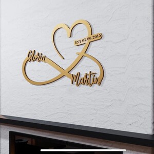 Regalo de boda personalizado para pareja, corazón de metal y símbolo de infinito con nombres y fecha, gran cuadro de metal personalizado con la palabra "amor", arte contemporáneo.