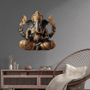 May include: A black and gold statue of the Hindu deity Ganesha in a seated pose. The statue features intricate details, including a large head, elephant trunk, and multiple arms. The statue is mounted on a gray wall.