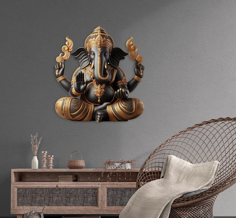 May include: A black and gold statue of the Hindu deity Ganesha in a seated pose. The statue features intricate details, including a large head, elephant trunk, and multiple arms. The statue is mounted on a gray wall.