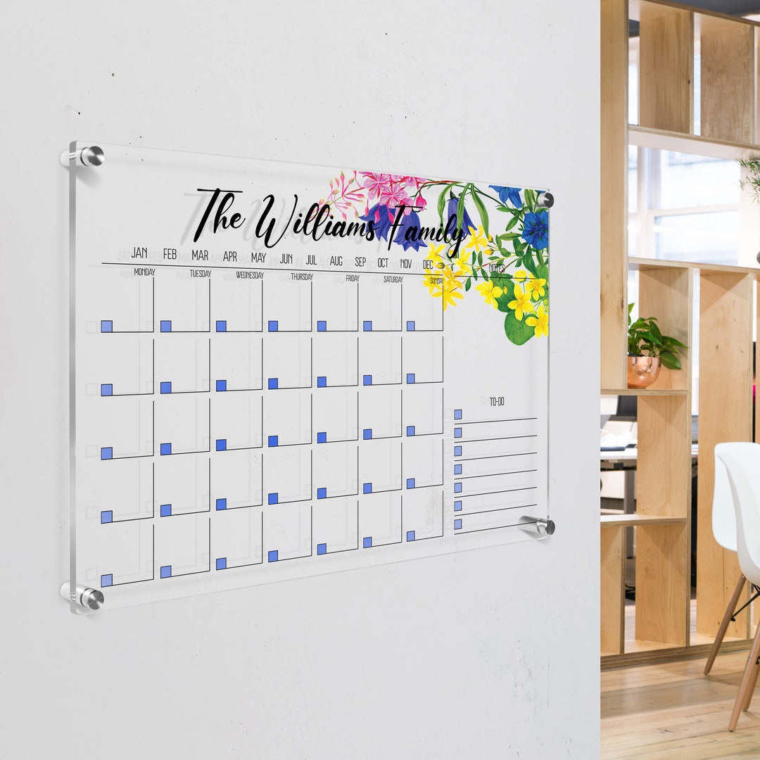 Acrylic Wall Calendar, Personalized Floral Family Wall Planner, Dry