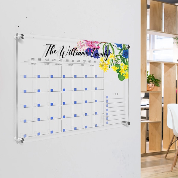 Acrylic Wall Calendar, Personalized Floral Family Wall Planner, Dry Erase Board, School, Monthly and Weekly Calendar, Command Center,