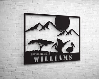 Custom Family Name Personalized Metal Wall Art, Mountain Pelican Silhouette with Tree, Farmhouse Nature Decor Unique Home Gift for Couples