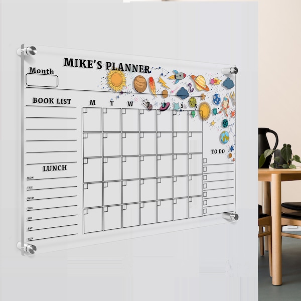 Acrylic Wall Calendar, Personalized Monthly Wall Mounted Calendar, Family Planner Home for Children, School Organizer Board, Space Theme